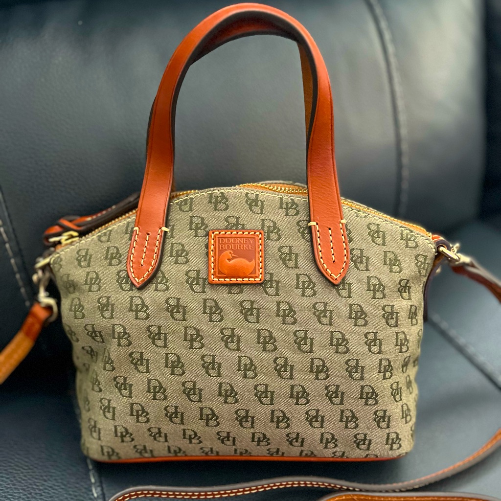 Authentic Dooney & Bourke Brown And Hunter Green Monogram Satchel